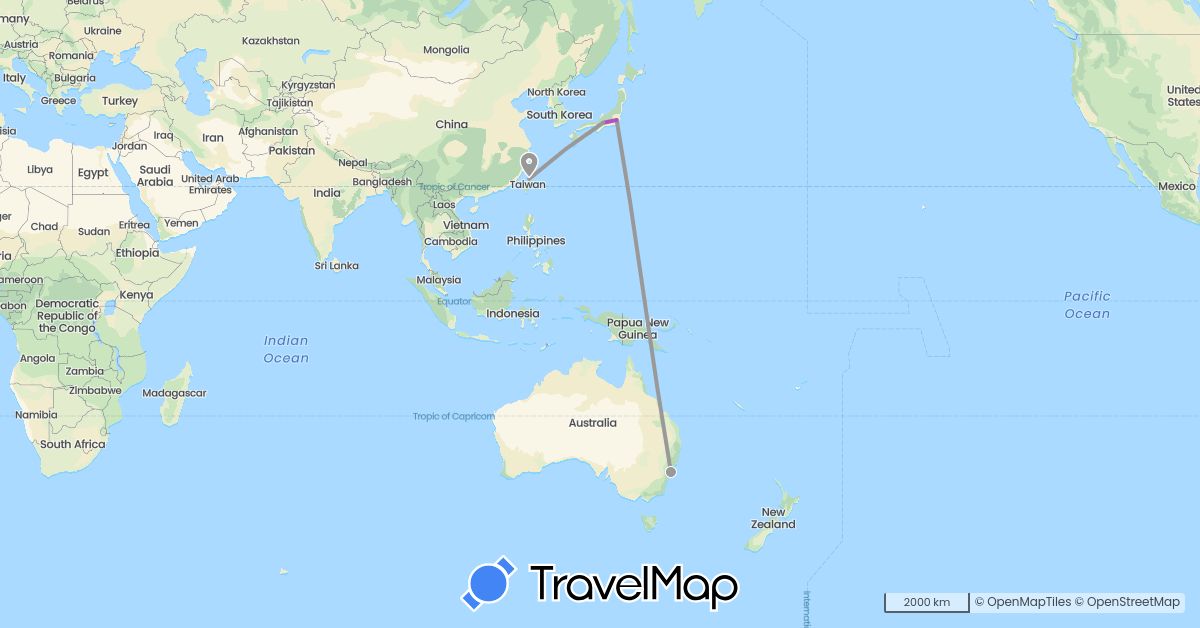 TravelMap itinerary: driving, plane, train in Australia, Japan, Taiwan (Asia, Oceania)